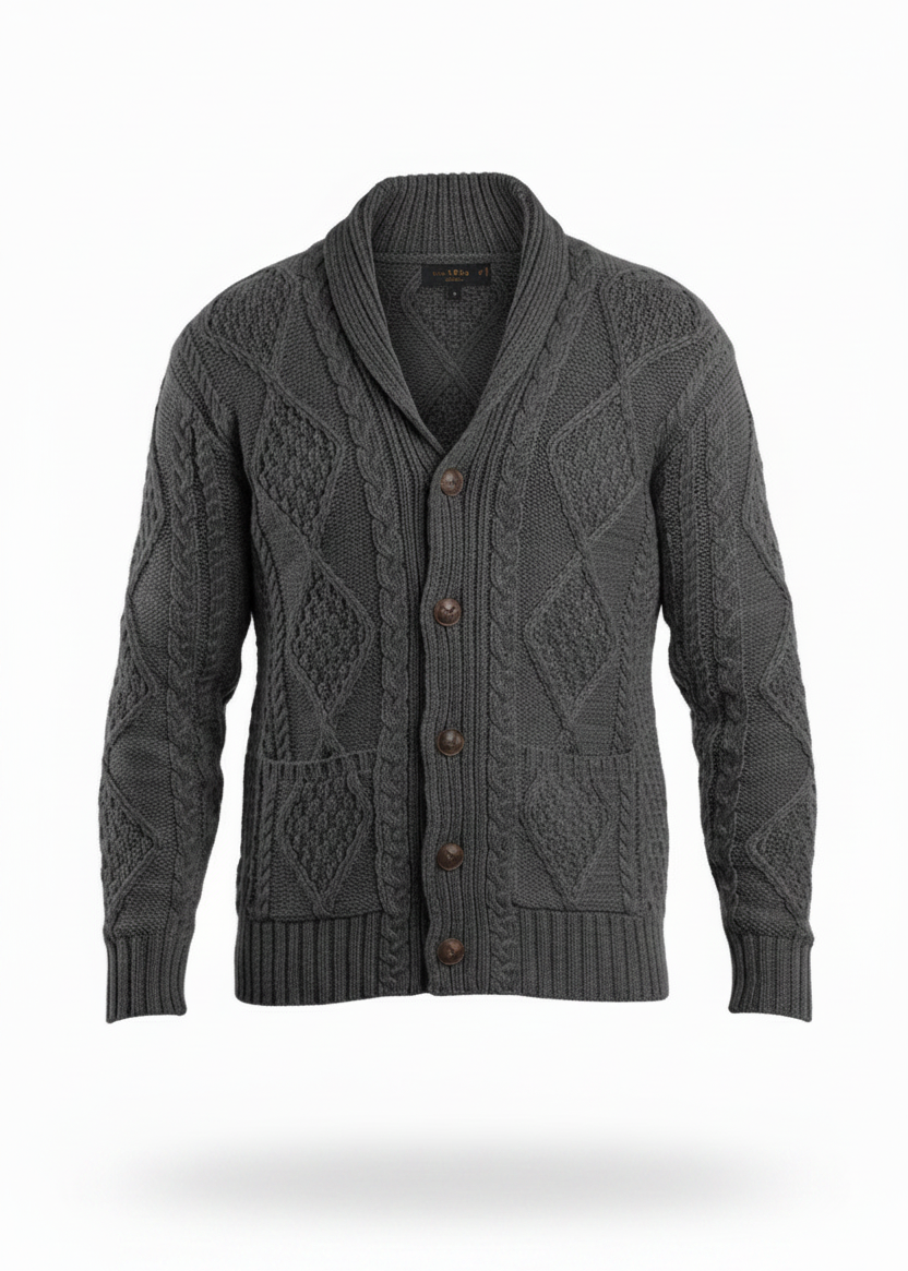 Men's Charcoal Aran Shawl Collar Cardigan | Traditional Irish Cable Knit