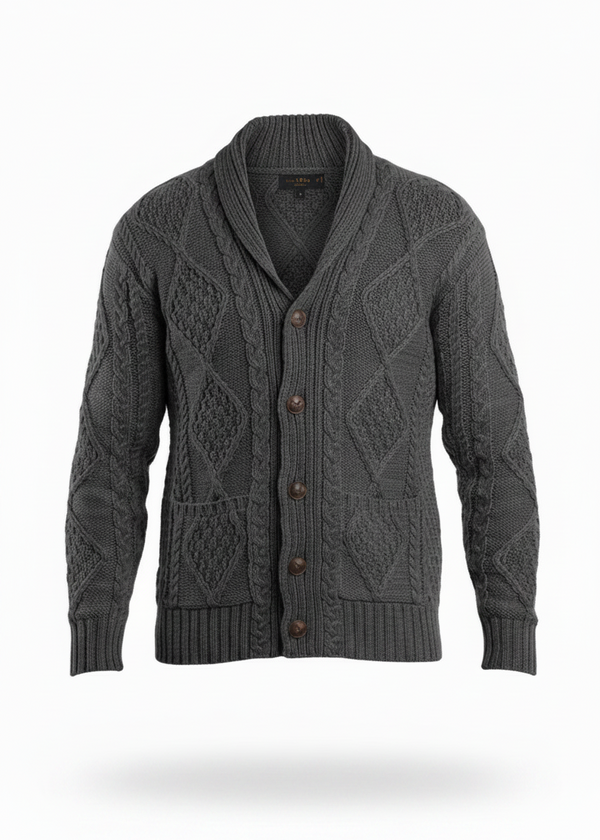 Men's Charcoal Aran Shawl Collar Cardigan | Traditional Irish Cable Knit
