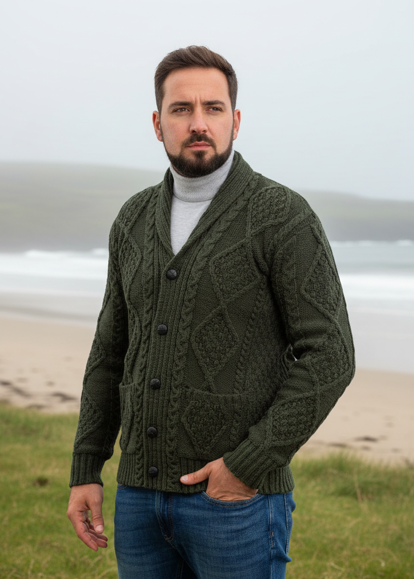 Aran Men's Shawl Button Cardigan | Army Green