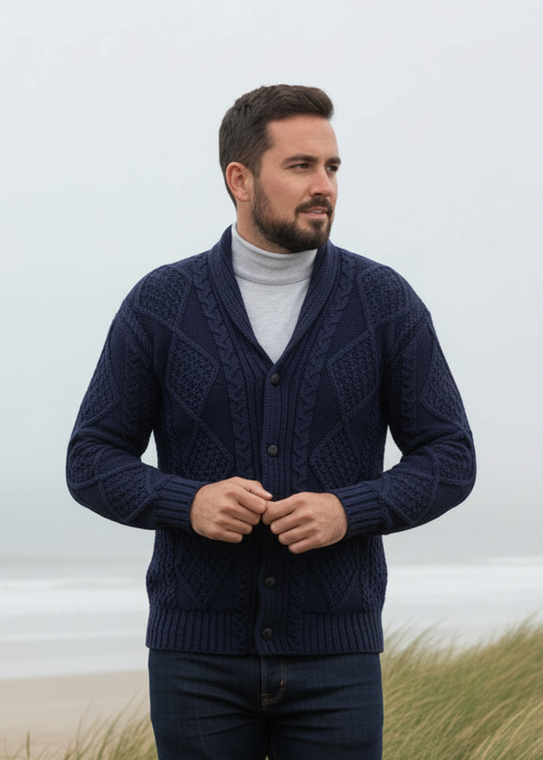 Aran Men's Shawl Button Cardigan | Blue