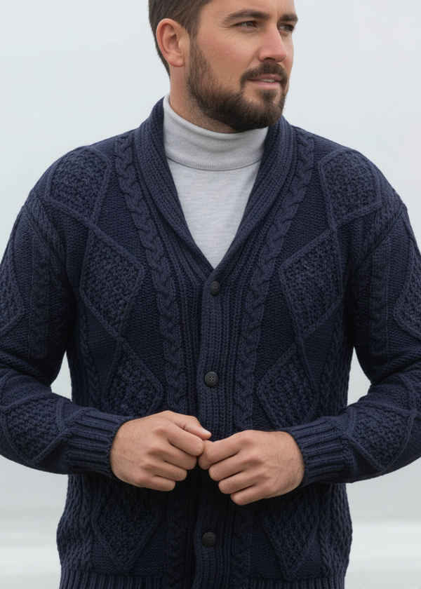 Aran Men's Shawl Button Cardigan | Blue