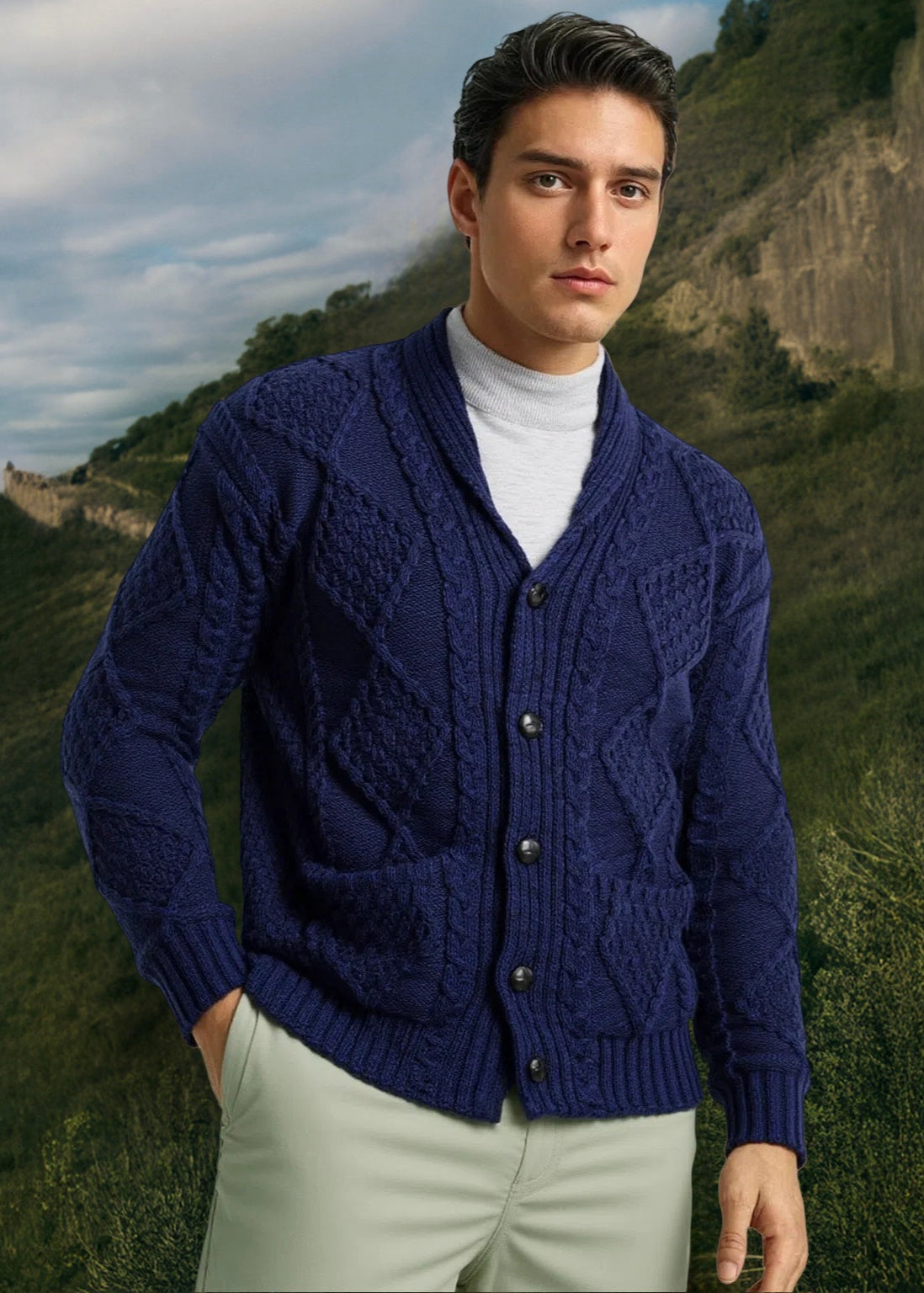 Aran Men's Shawl Button Cardigan | Blue 
