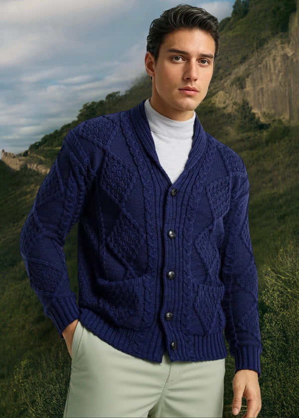 Aran Men's Shawl Button Cardigan | Blue 