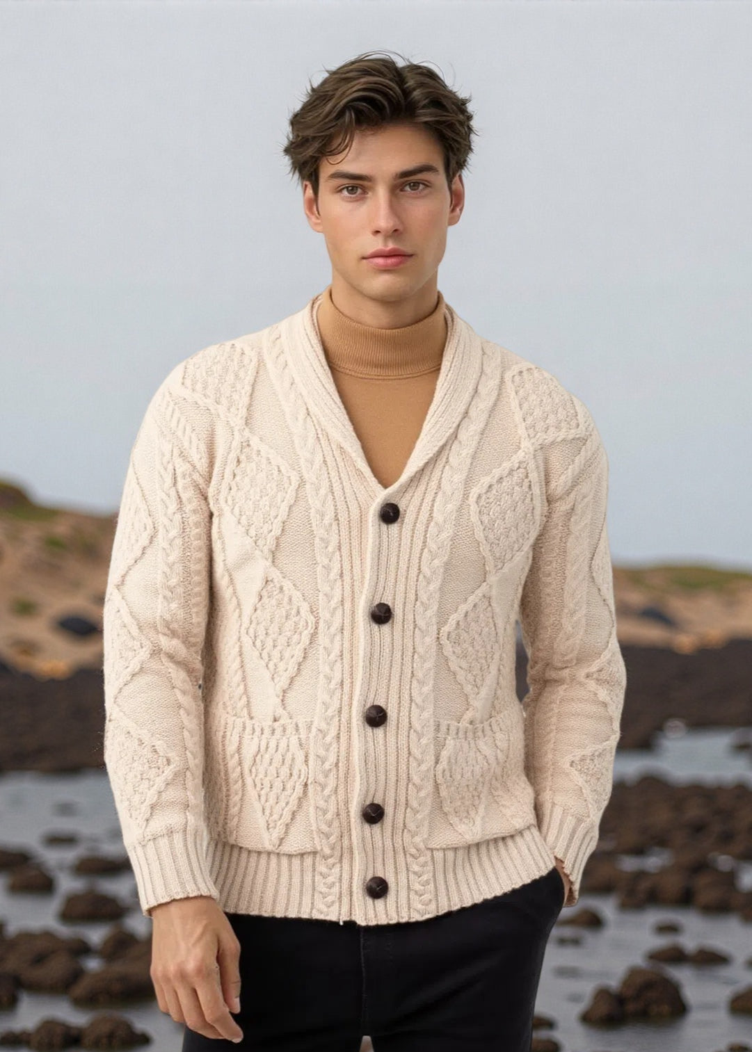 Aran Men's Shawl Button Cardigan | Oatmeal