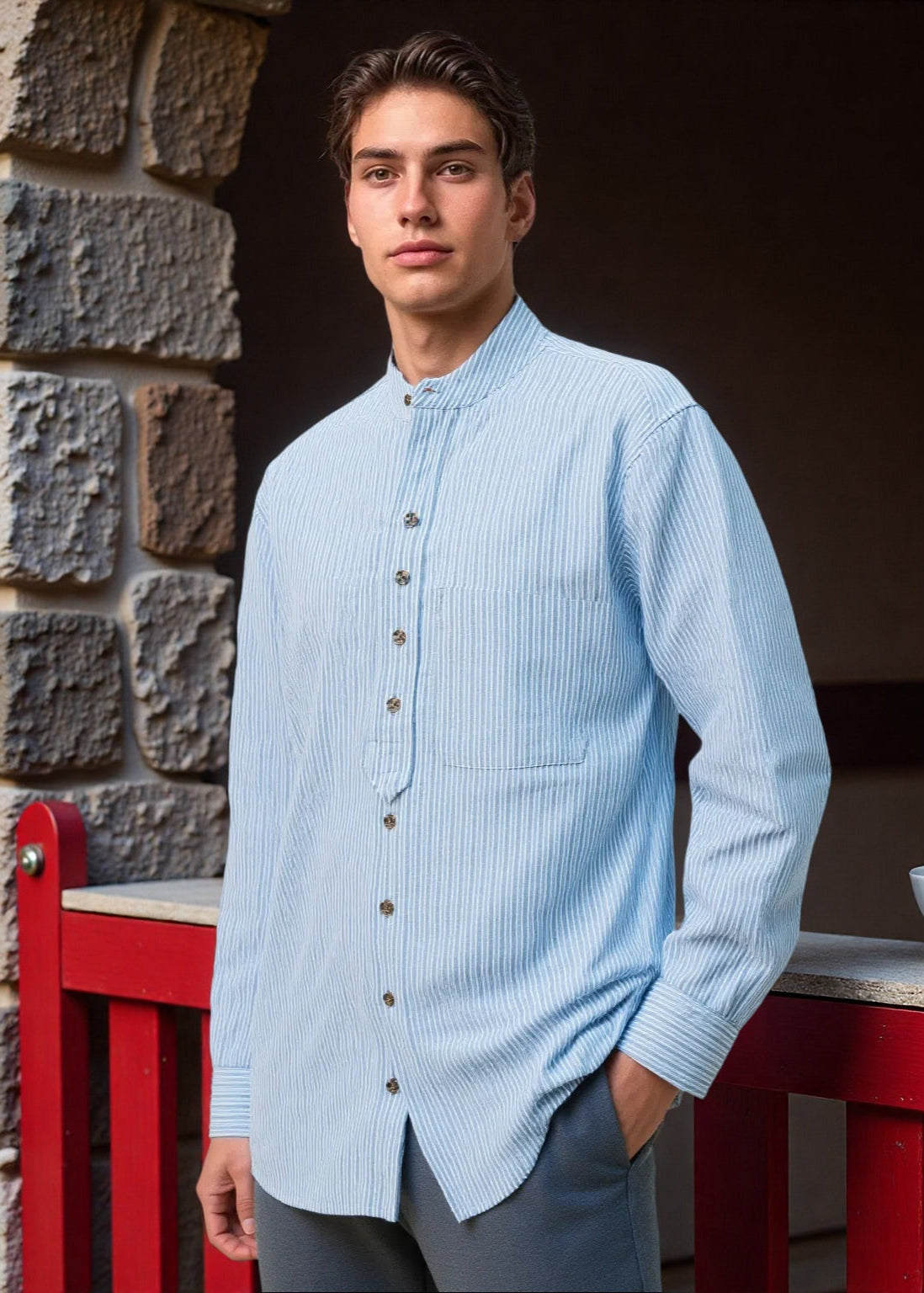Vintage Cotton Grandfather Shirt – Ivory Pin Stripe