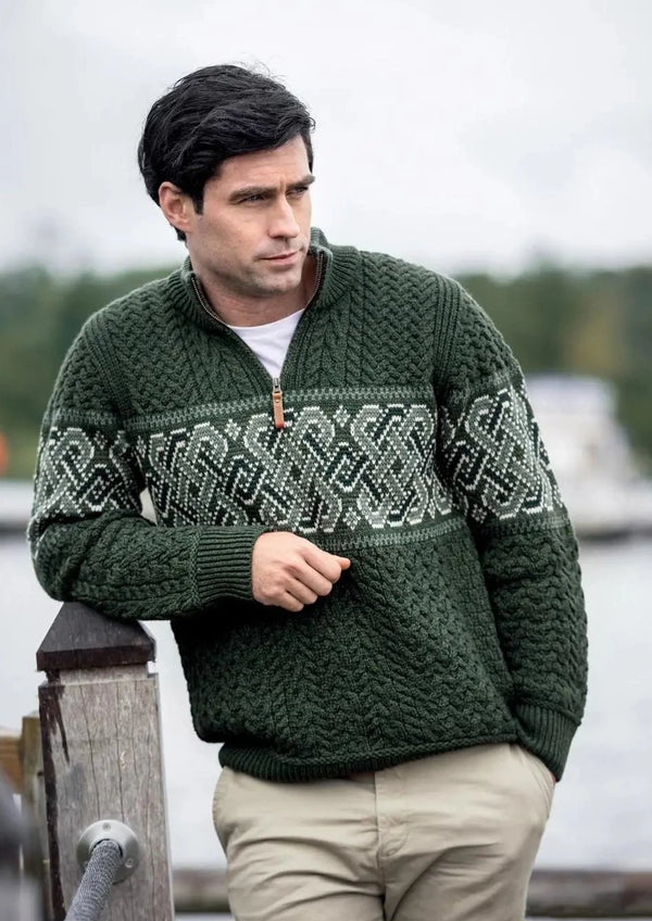 Aran Crafts Celtic Jacquard Zip Sweater | Green