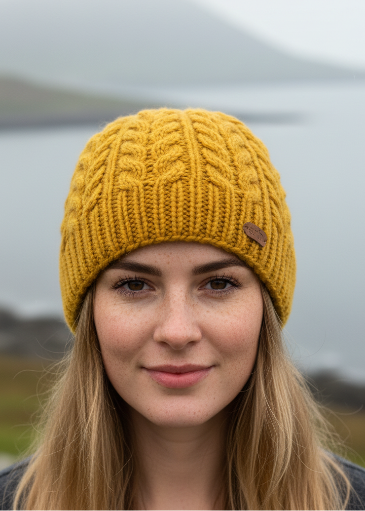 Erin Aran Cable Pullon Hat | yellow