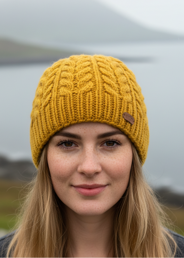 Erin Aran Cable Pullon Hat | yellow