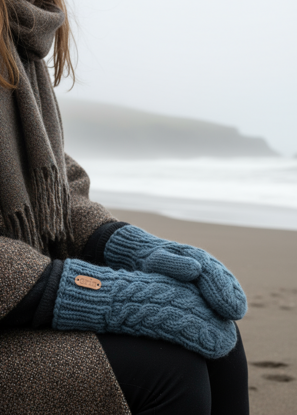 Erin Aran Cable Mittens | Denim