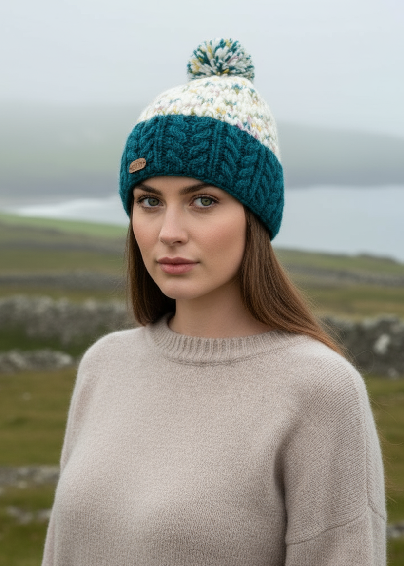 Erin Wool Bobble Flecked Teal Hat