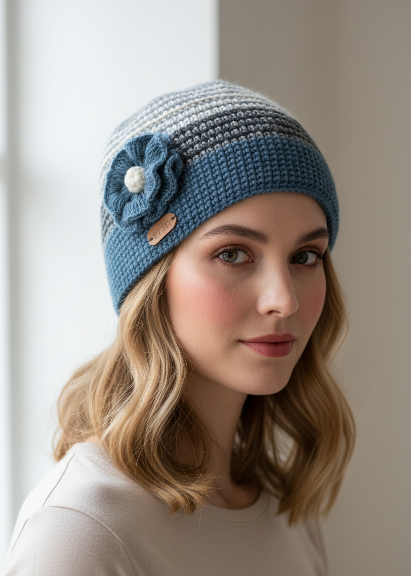 Erin Women's Handcrafted Crochet Flower Cap | Denim Grey Wool