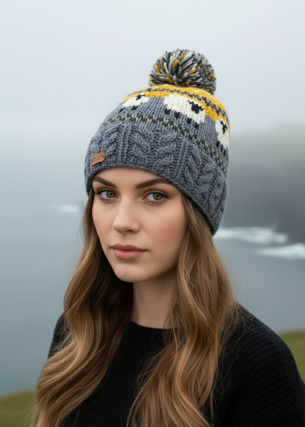 Erin Aran Sheep Bobble Hat Yellow and Blue