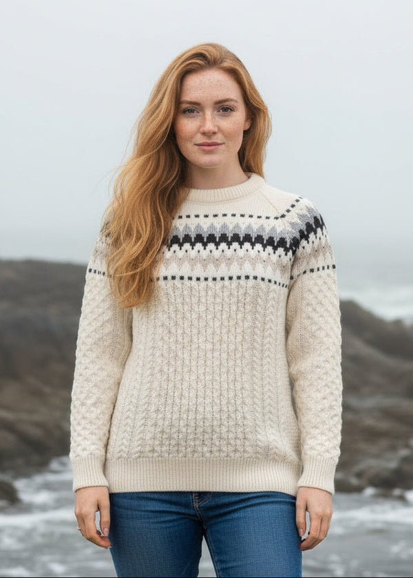 Ladies Slim-Fit Aran Fairisle Sweater | Natual