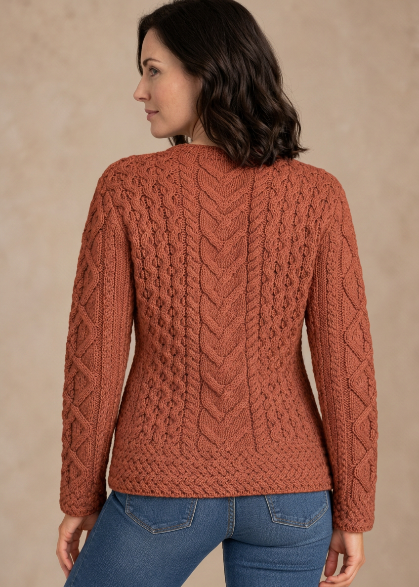 Women's Aran Cable Knit Cardigan - Autumn Leaves | 100% Merino Wool