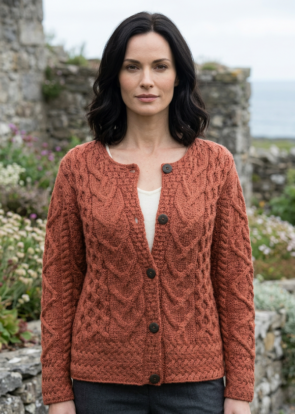 Women's Aran Cable Knit Cardigan - Autumn Leaves | 100% Merino Wool