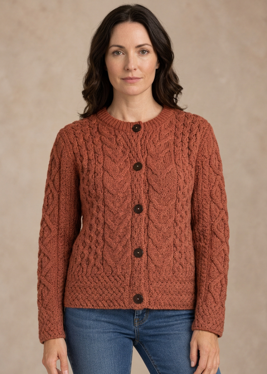 Women's Aran Cable Knit Cardigan - Autumn Leaves | 100% Merino Wool