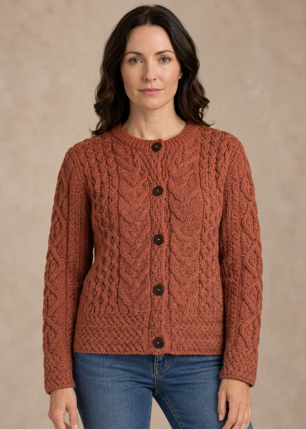 Women's Aran Cable Knit Cardigan - Autumn Leaves | 100% Merino Wool