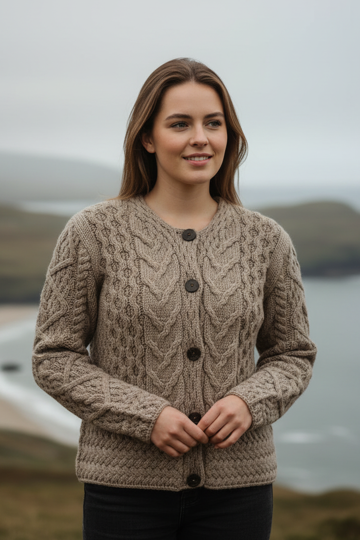 Women's Aran Cable Knit Cardigan - Sand | 100% Merino Wool