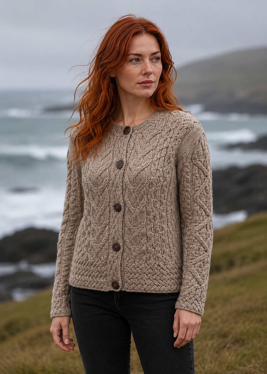 Women's Aran Cable Knit Cardigan - Sand | 100% Merino Wool