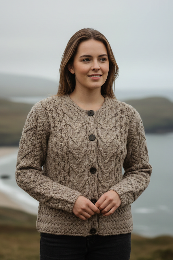 Women's Aran Cable Knit Cardigan - Sand | 100% Merino Wool