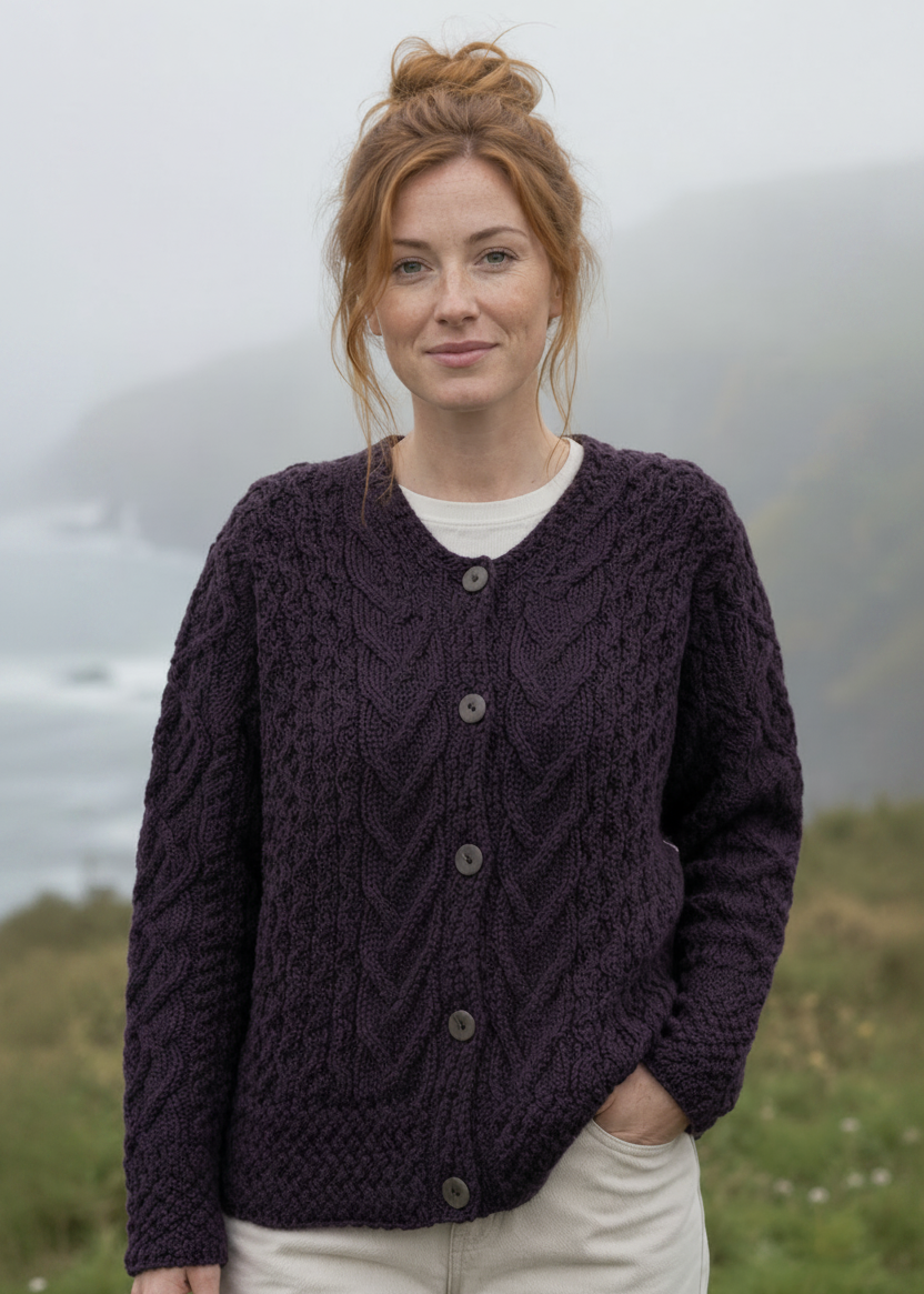 Women's Aran Cable Knit Cardigan | Velvet Plum