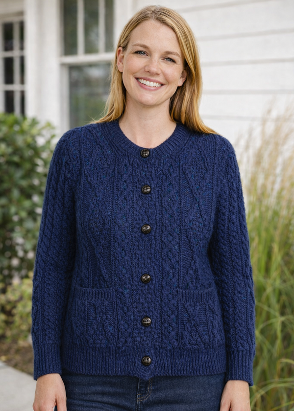 Women's Aran Cardigan Navy Green Mix | Authentic Irish Cable Knit