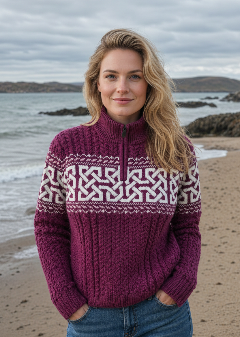 Women's Aran Celtic Design Zip Sweater | Raspberry Marl