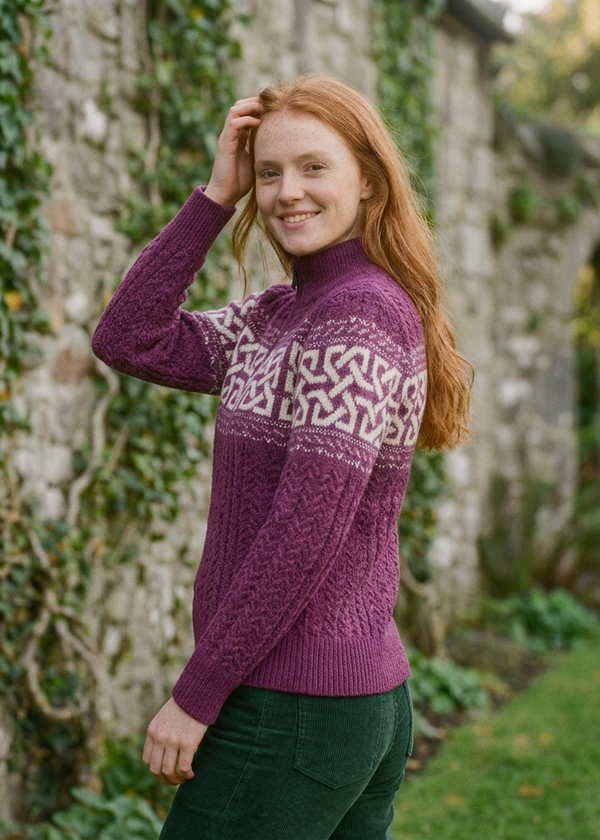 Women's Aran Celtic Design Zip Sweater | Raspberry Marl