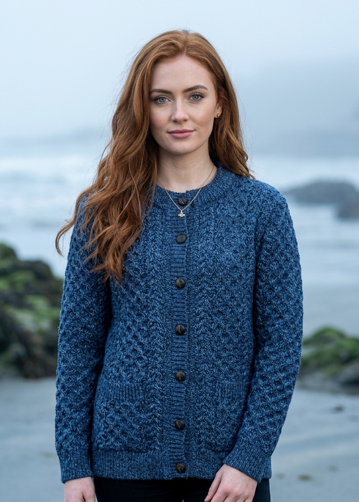 Women's Aran Lumber Cardigan - 100% Merino Wool | Denim Marl