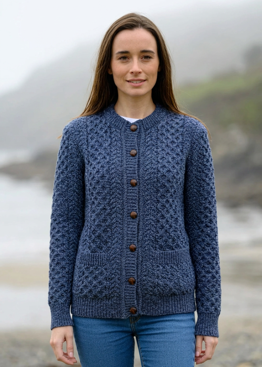 Women's Aran Lumber Cardigan - 100% Merino Wool | Denim Marl