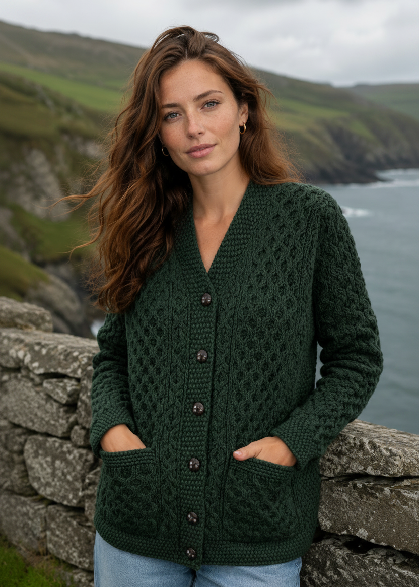 Women's Aran Merino Wool Cardigan | Green