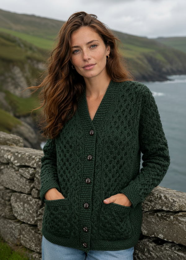 Women's Aran Merino Wool Cardigan | Green