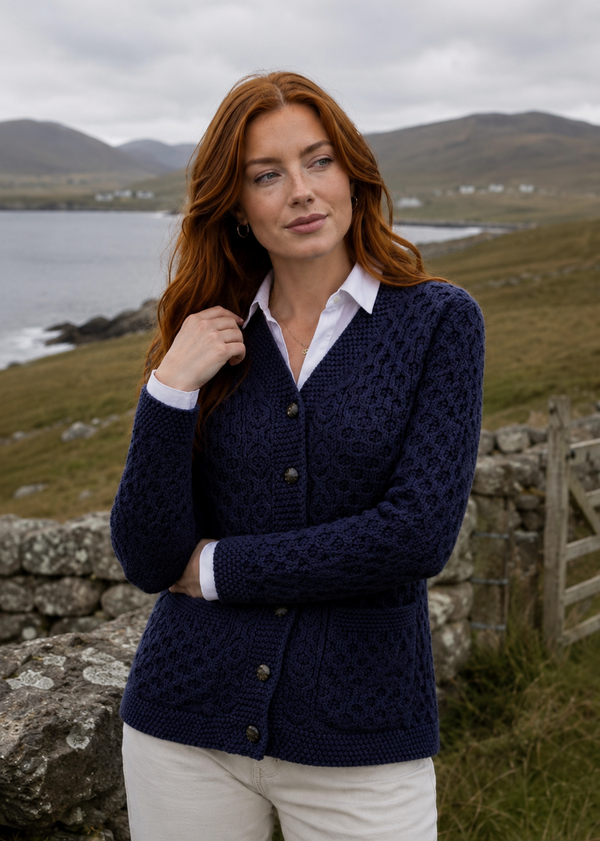 Women's Aran Merino Wool Cardigan | Navy