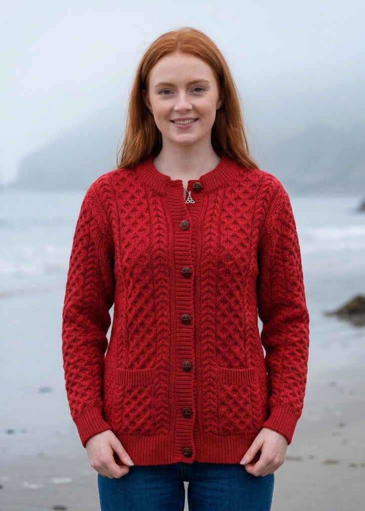Women's Aran Merino Wool Cardigan | Traditional Honeycomb Knit | Red