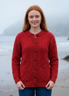 Women's Aran Merino Wool Cardigan | Traditional Honeycomb Knit | Red
