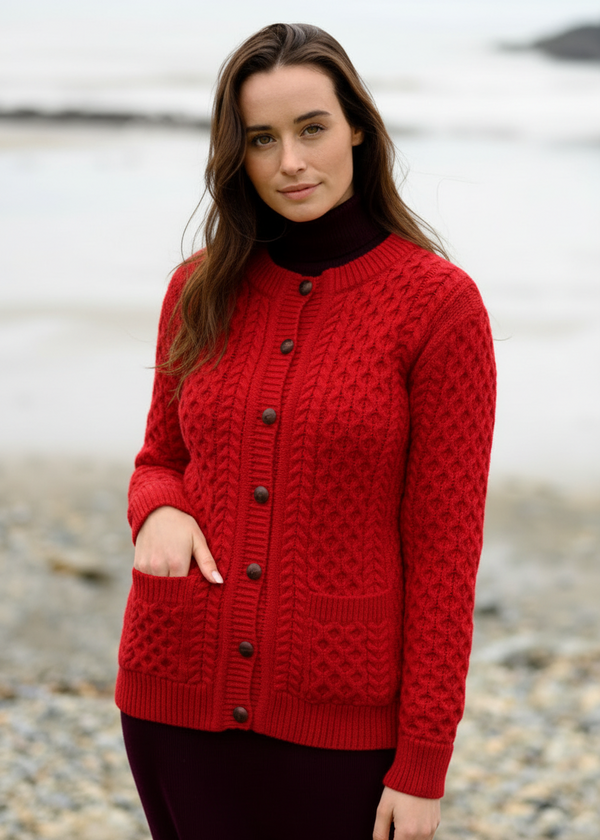 Women's Aran Merino Wool Cardigan | Traditional Honeycomb Knit |Red