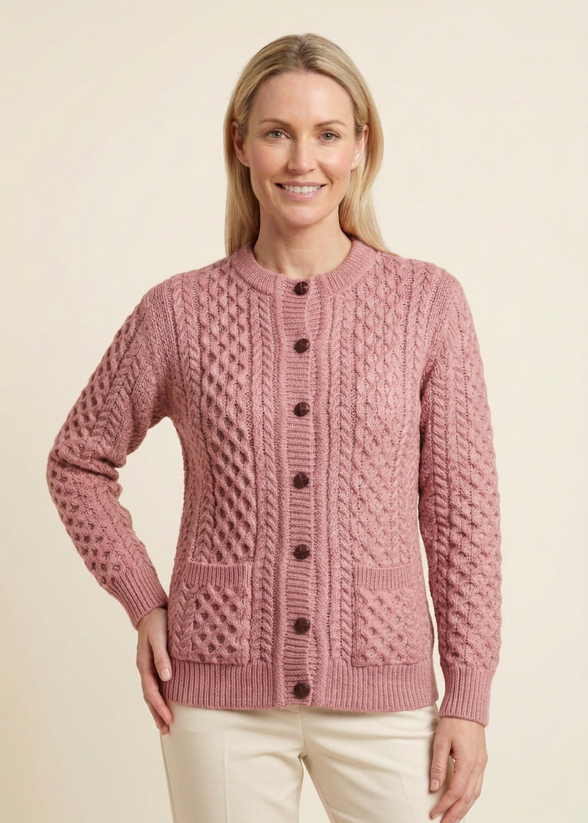 Women's Aran Merino Wool Lumber Cardigan - Rose Ash Pink