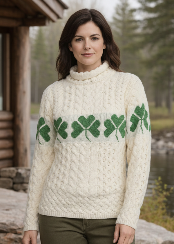 Women's Aran Merino Wool Shamrock Roll Neck Sweater
