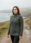 Women's Cable Knit Aran Cardigan | 100% Merino Wool | Army Green