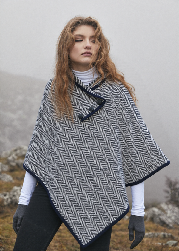 Women's Herringbone Cape | Navy Grey | Merino Wool Blend