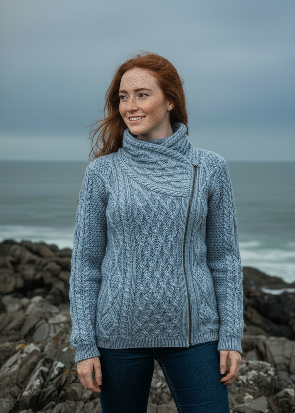 Women's Light Blue Aran Cable Knit Sweater with Side Zip | Merino Wool