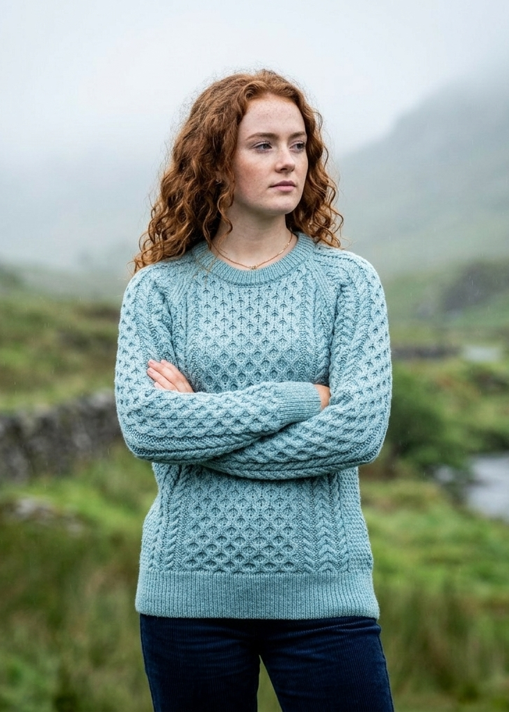 Women's Slim-Fit Aran Cable Knit Sweater - 100% Merino Wool | Aqua