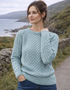 Women's Slim-Fit Aran Cable Knit Sweater - 100% Merino Wool | Aqua