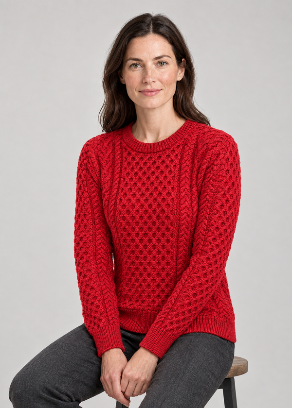 Women's Slim-Fit Aran Sweater - 100% Merino Wool | Red