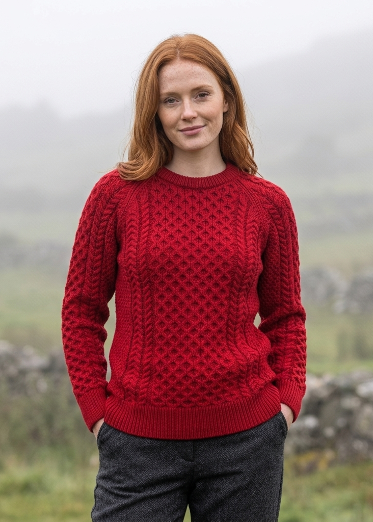 Women's Slim-Fit Aran Sweater - 100% Merino Wool | Red