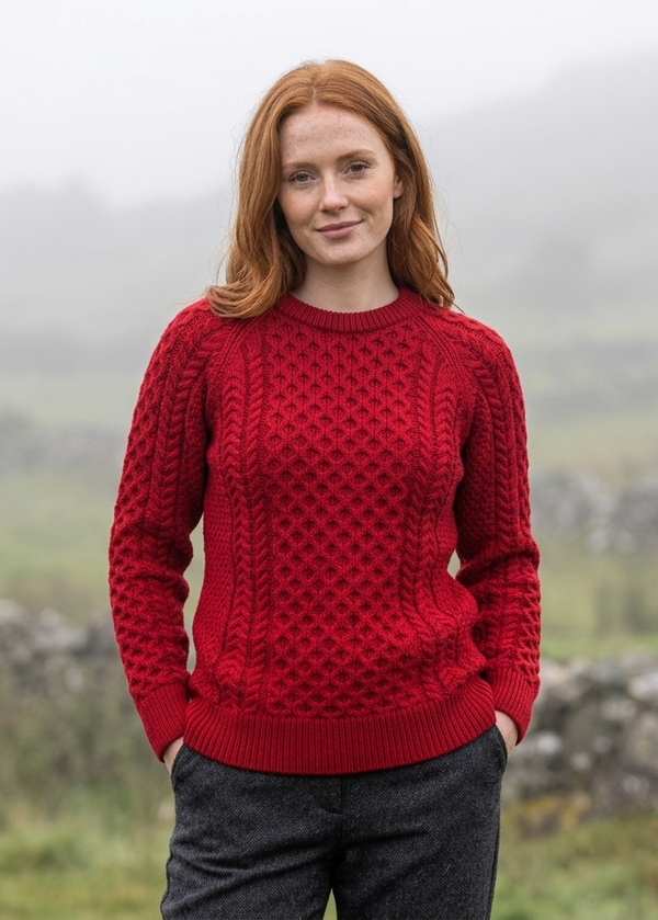 Women's Slim-Fit Aran Sweater - 100% Merino Wool | Red