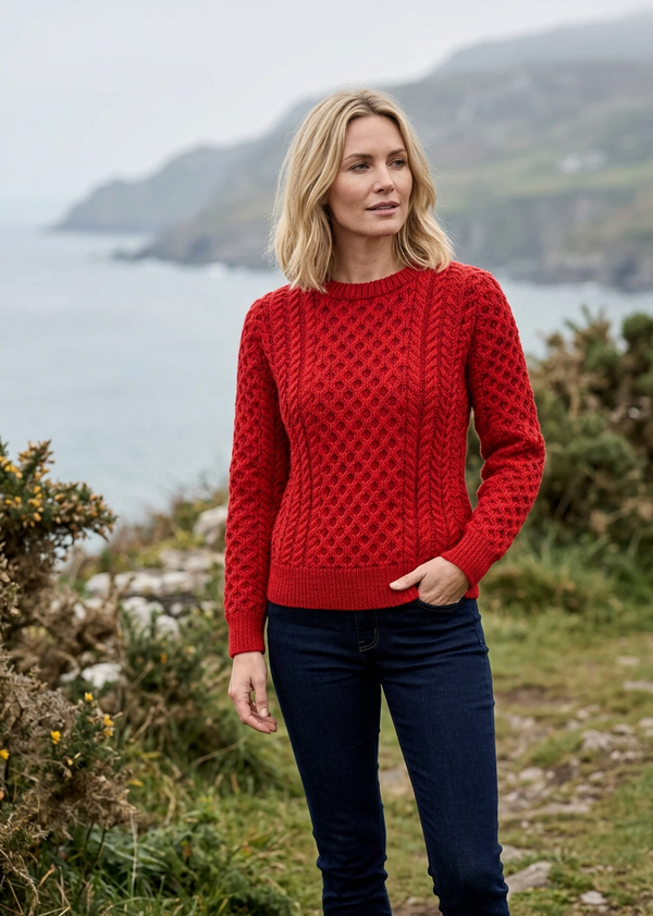 Women's Slim-Fit Aran Sweater - 100% Merino Wool | Red