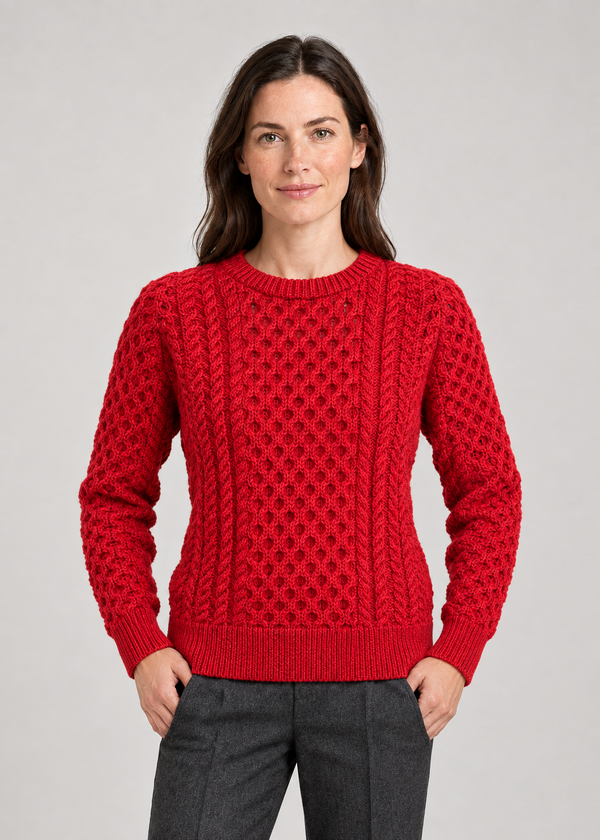 Women's Slim-Fit Aran Sweater - 100% Merino Wool | Red