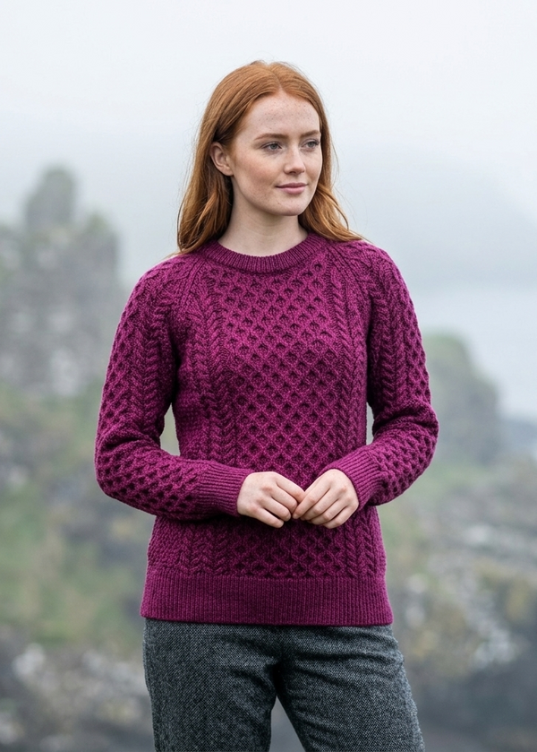 Women's Slim-Fit Aran Sweater in Raspberry | Premium Merino Wool