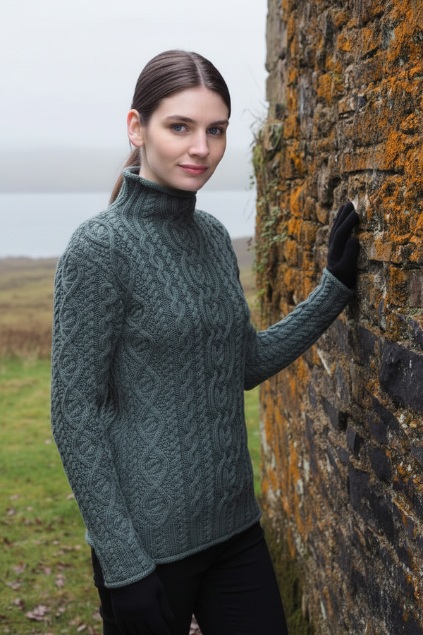 Women's Super Soft Funnel Neck Aran Sweater | Green